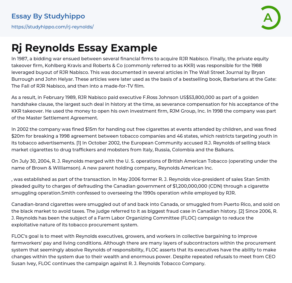 Rj Reynolds Essay Example