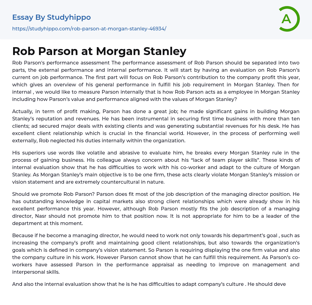 Rob Parson at Morgan Stanley Essay Example