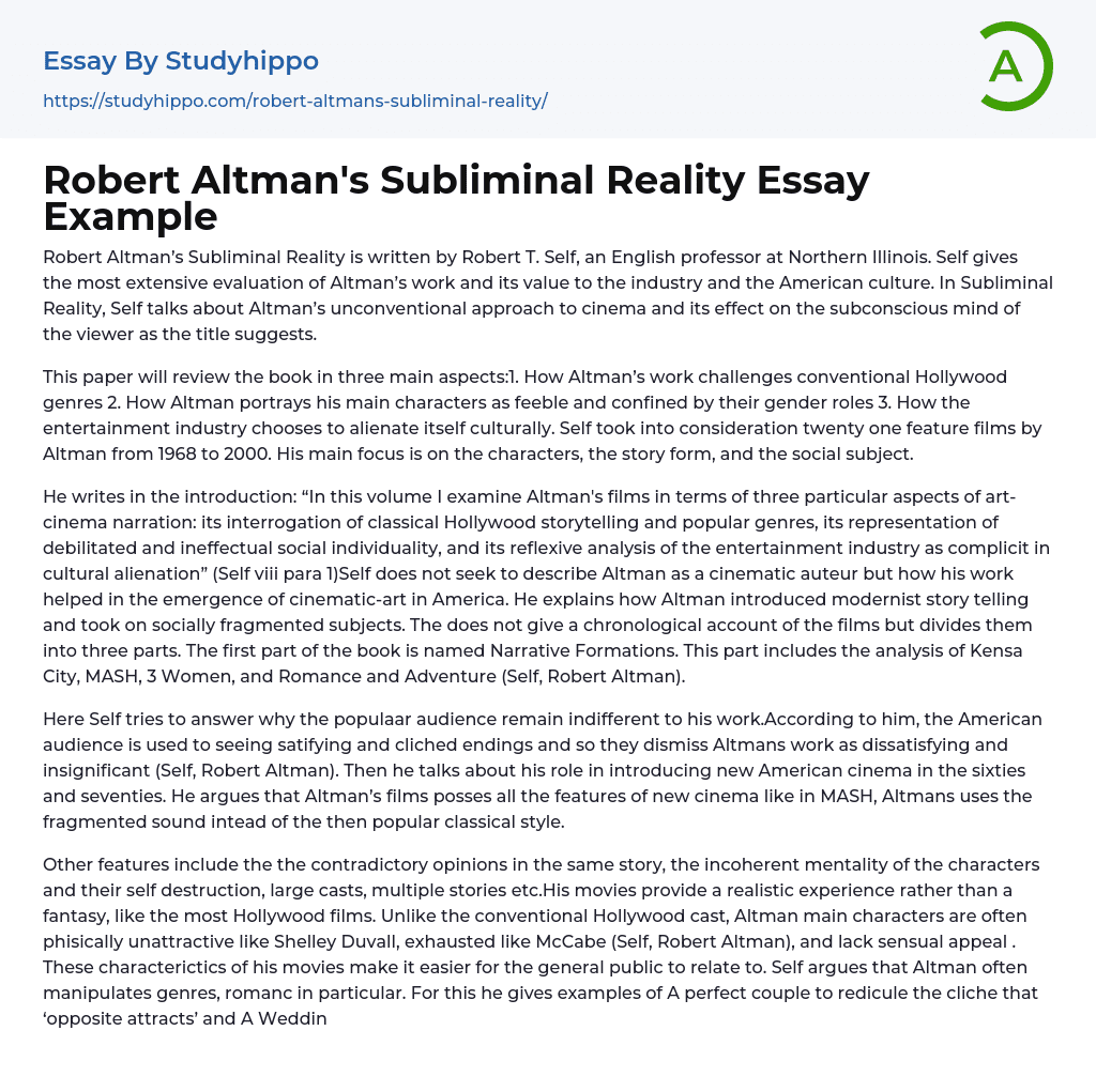Robert Altman’s Subliminal Reality Essay Example