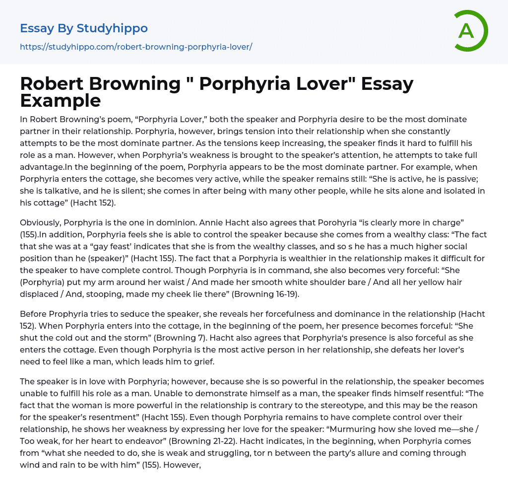 Robert Browning ” Porphyria Lover” Essay Example