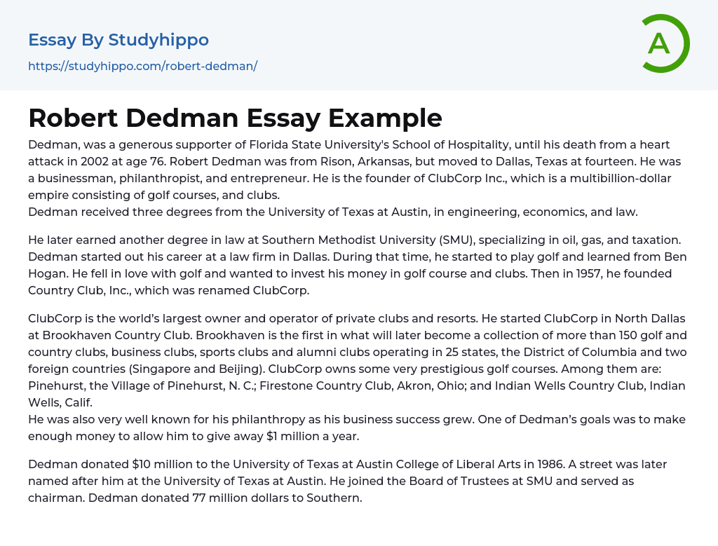 Robert Dedman Essay Example