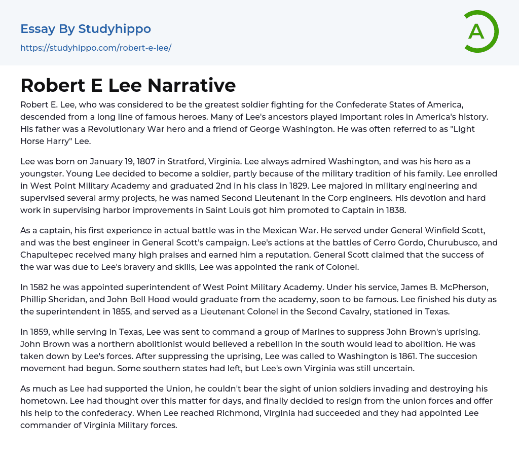 Robert E Lee Narrative Essay Example