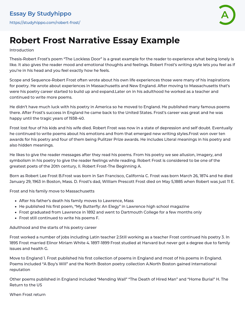 Robert Frost Narrative Essay Example