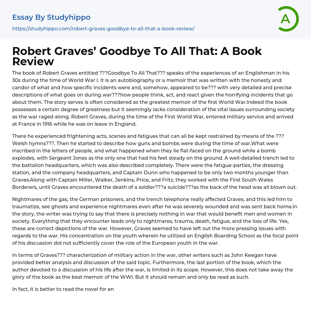 Robert Graves “Goodbye To All That” Essay Example