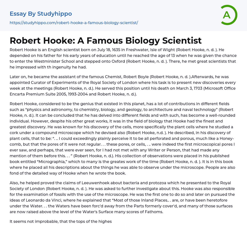 Robert Hooke: A Famous Biology Scientist Essay Example