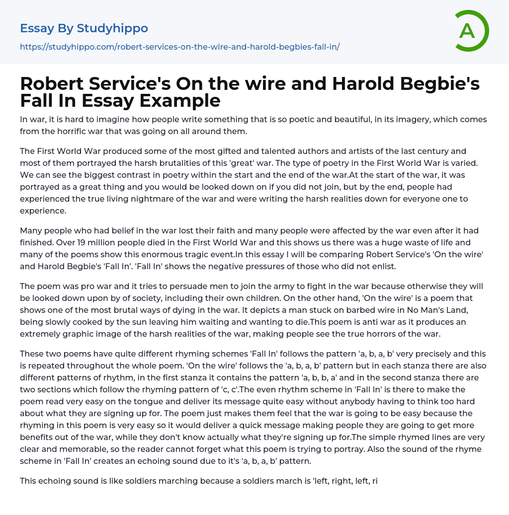 Robert Service’s On the wire and Harold Begbie’s Fall In Essay Example
