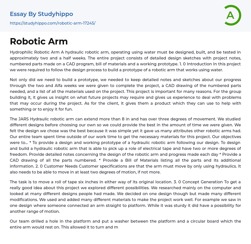 Robotic Arm Essay Example