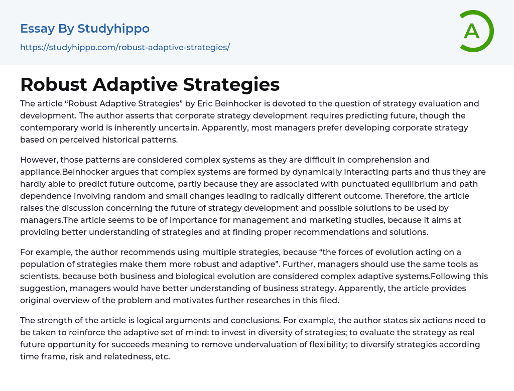 Robust Adaptive Strategies Essay Example