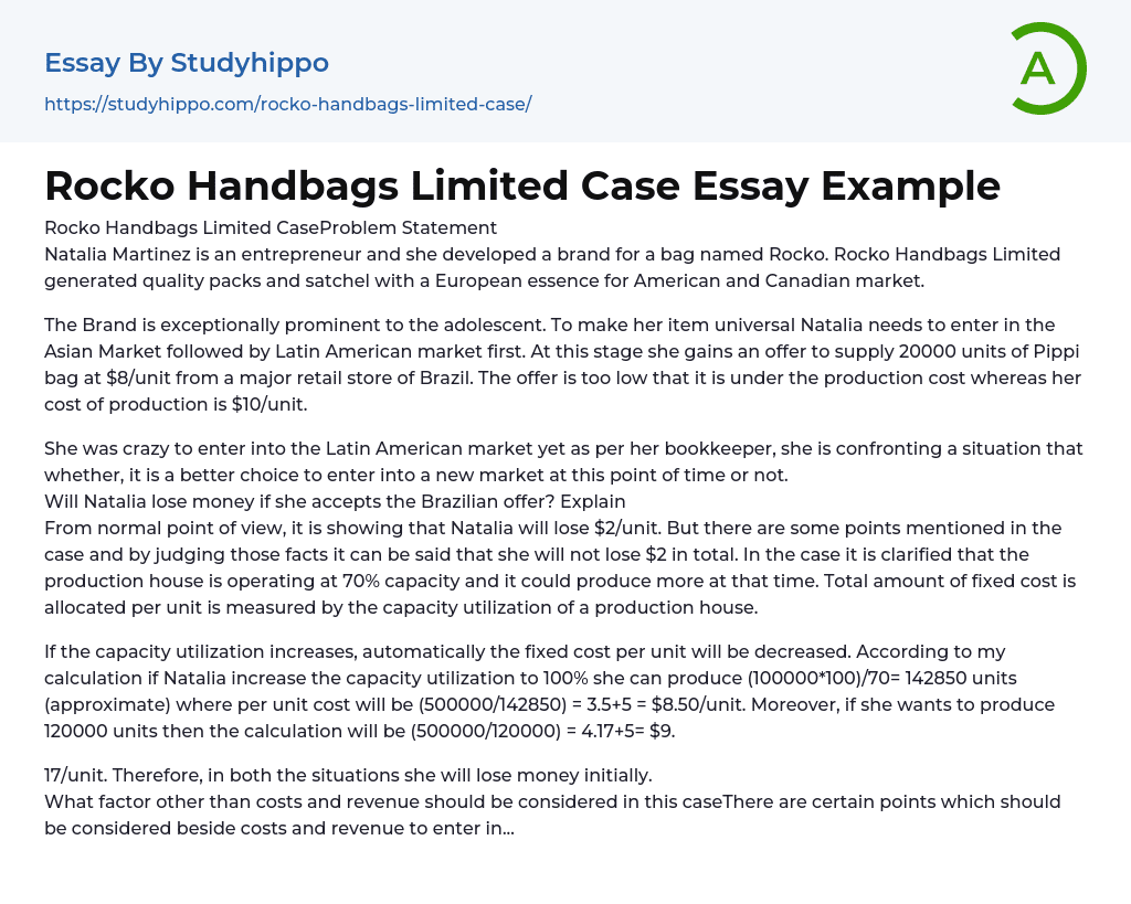 Rocko Handbags Limited Case Essay Example