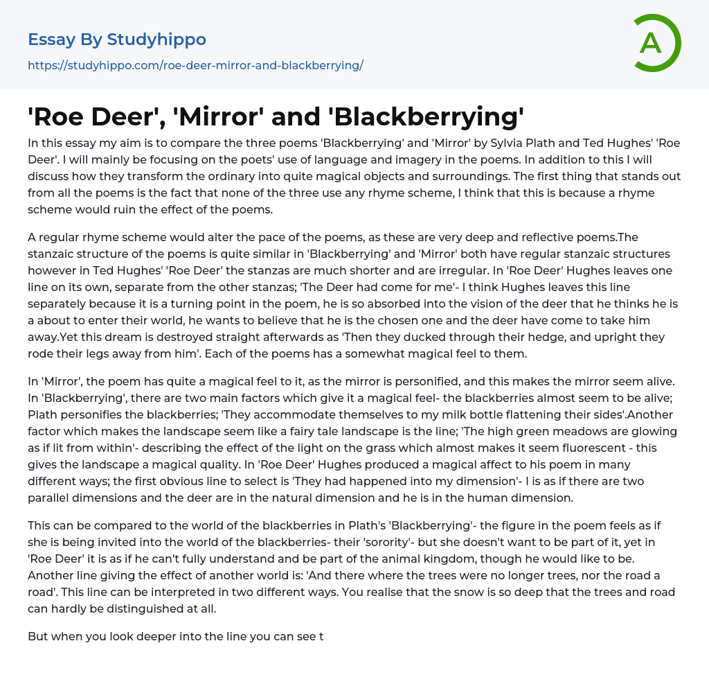 Roe Deer’, ‘Mirror’ and ‘Blackberrying’ Essay Example