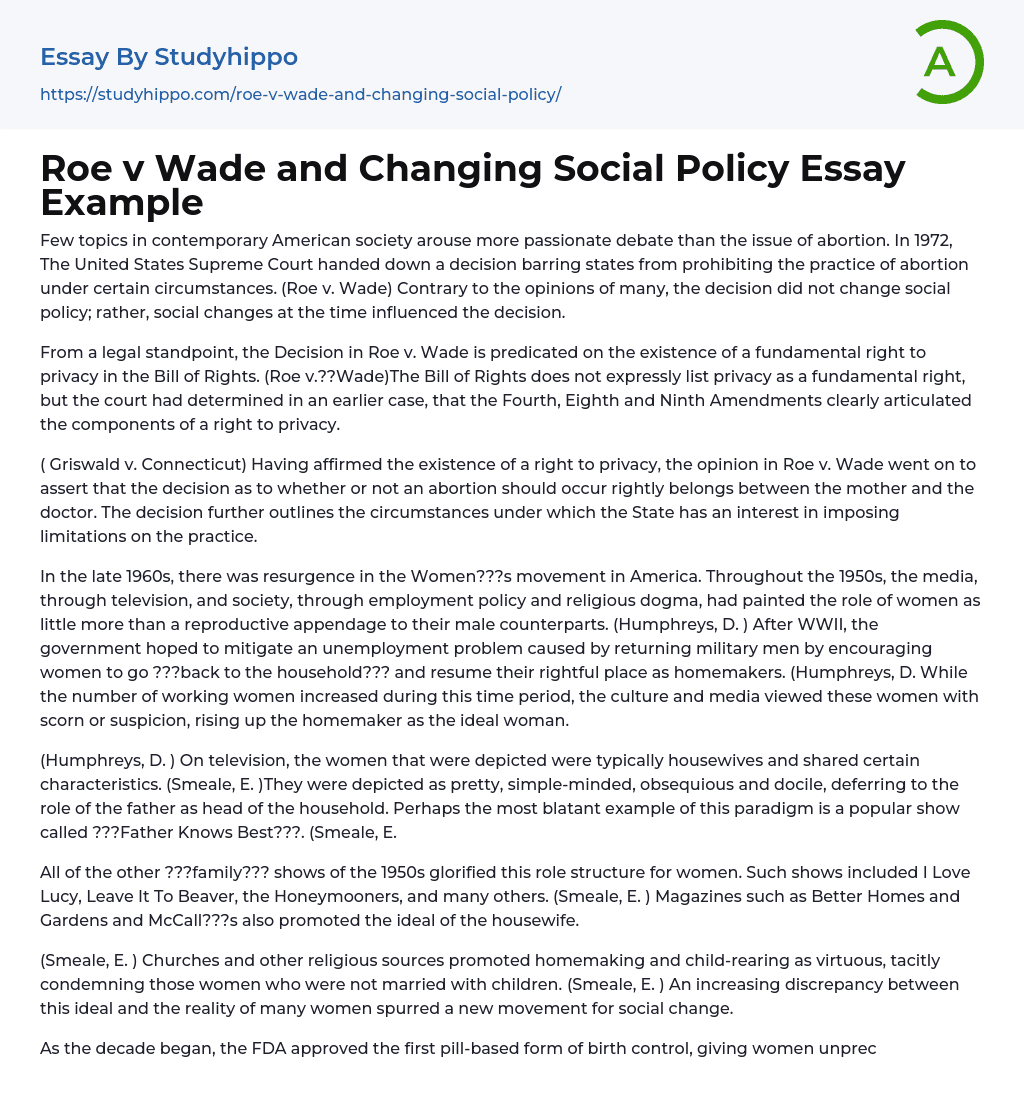 Roe v Wade and Changing Social Policy Essay Example