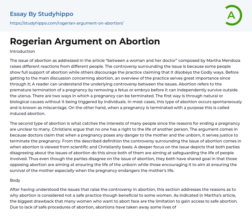 Rogerian Argument on Abortion Essay Example