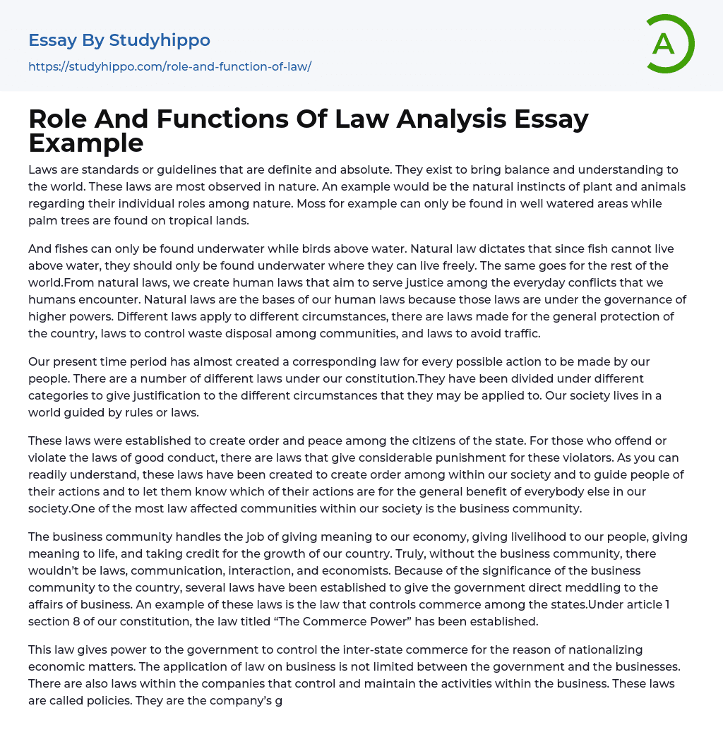 Role And Functions Of Law Analysis Essay Example