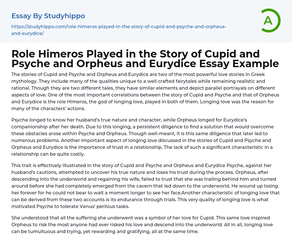 Role Himeros Played in the Story of Cupid and Psyche and Orpheus and Eurydice Essay Example