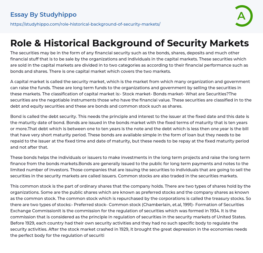 Role & Historical Background of Security Markets Essay Example