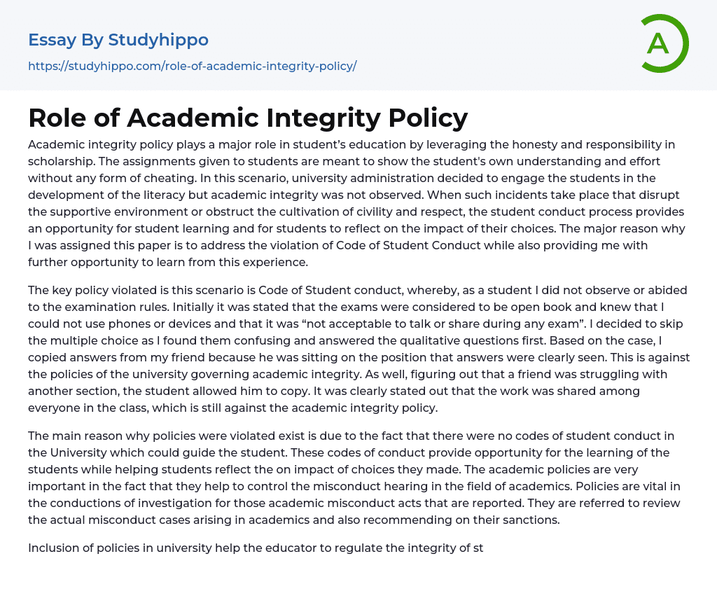 Role of Academic Integrity Policy Essay Example