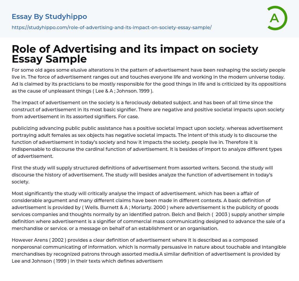 Role of Advertising and its impact on society Essay Sample
