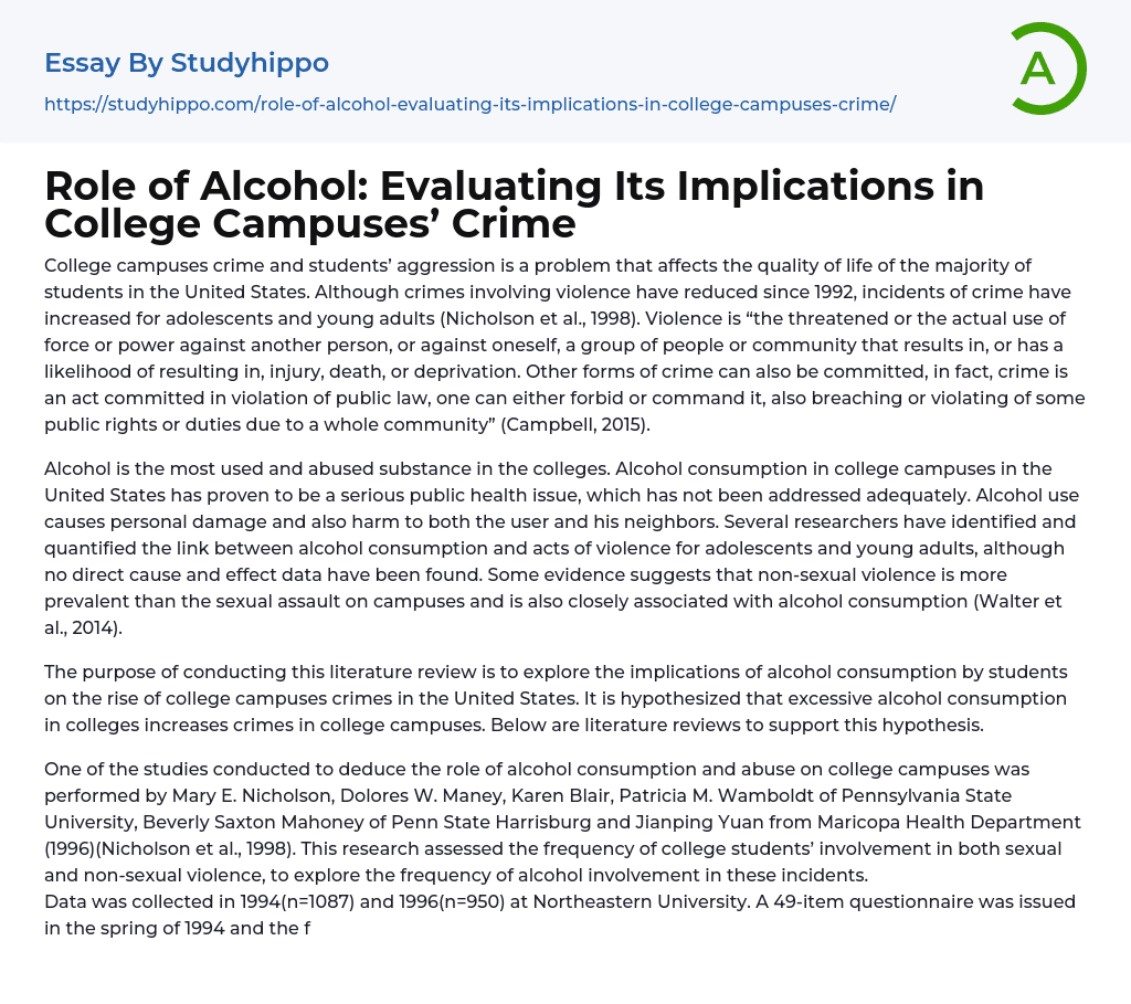 Role of Alcohol: Evaluating Its Implications in College Campuses’ Crime Essay Example
