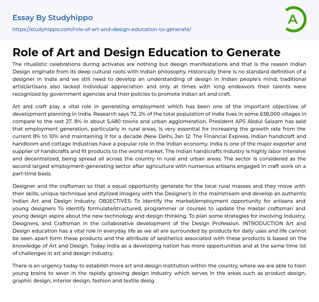 Role of Art and Design Education to Generate Essay Example