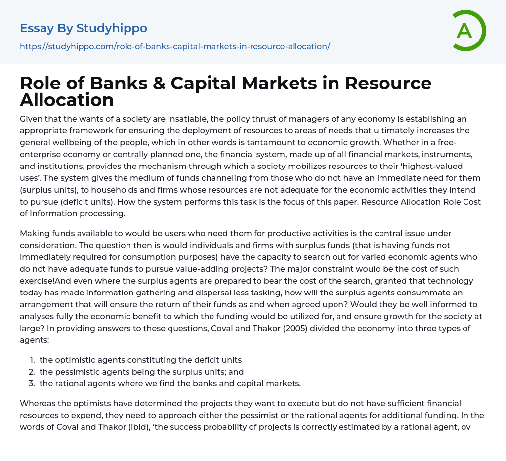 Role of Banks & Capital Markets in Resource Allocation Essay Example