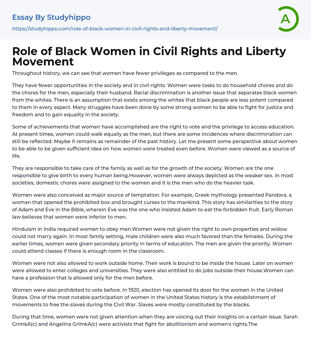 Role of Black Women in Civil Rights and Liberty Movement Essay Example