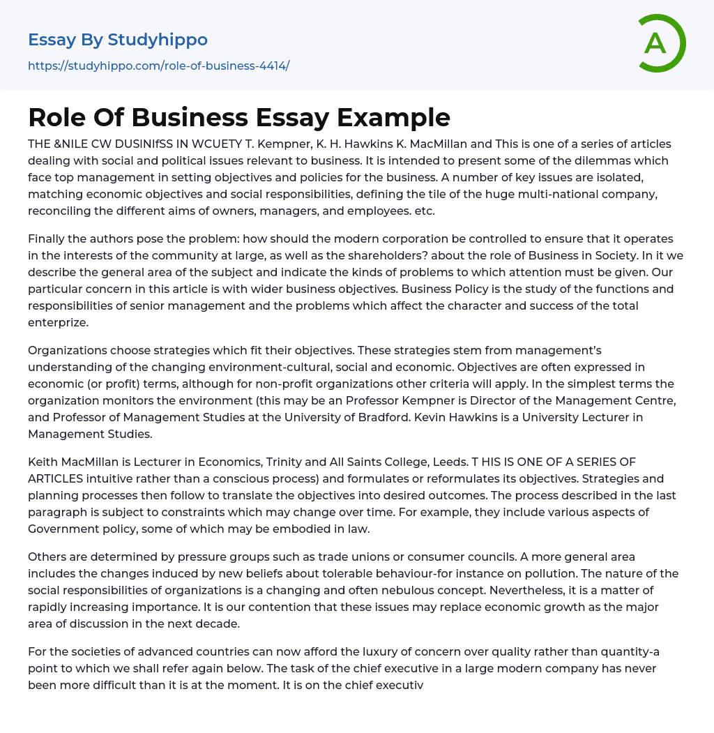 essay on role of business