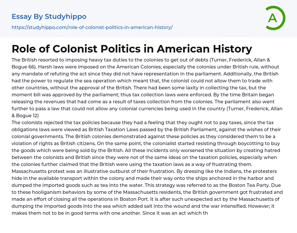 Role of Colonist Politics in American History Essay Example