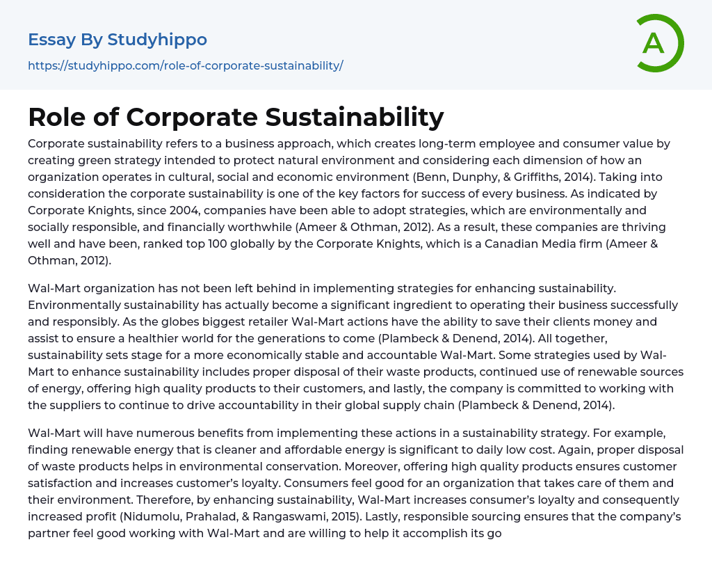 Role of Corporate Sustainability Essay Example