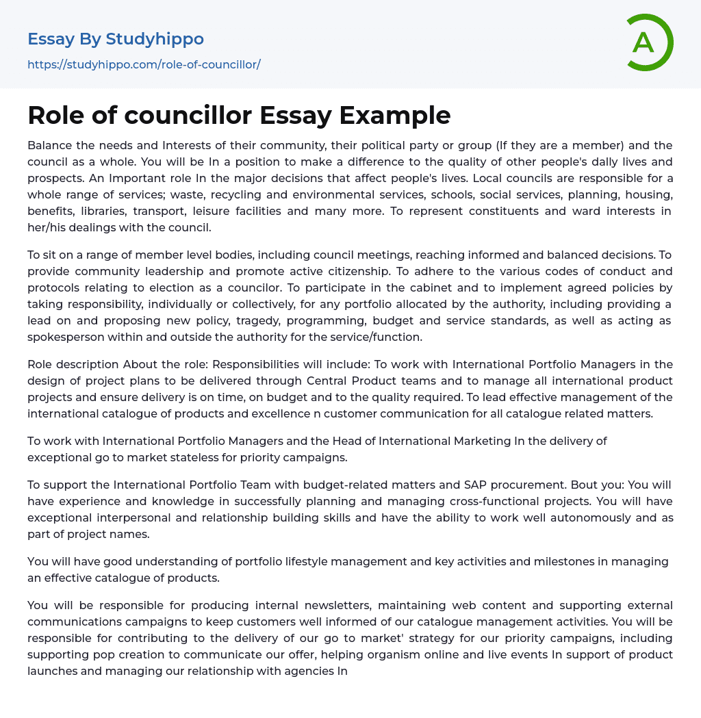 Role of councillor Essay Example