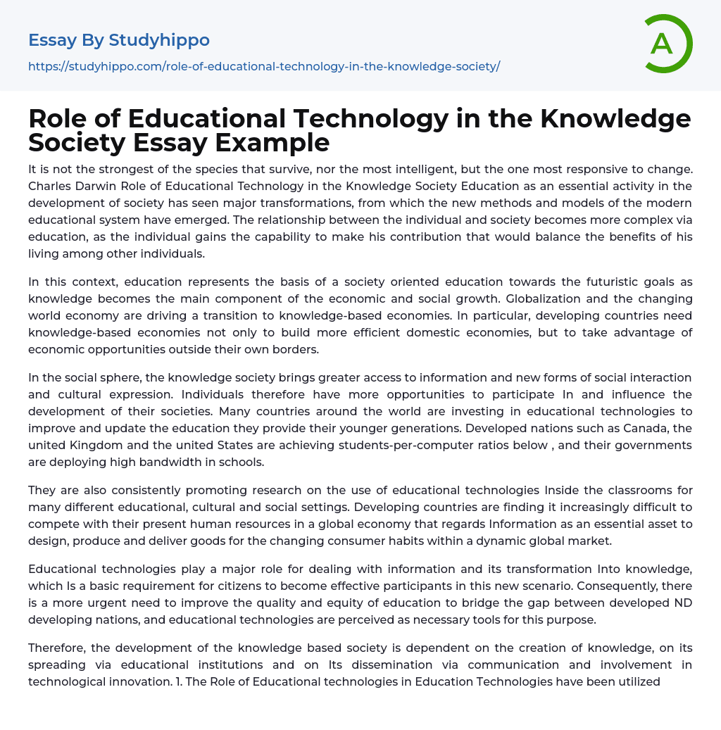 Role of Educational Technology in the Knowledge Society Essay Example