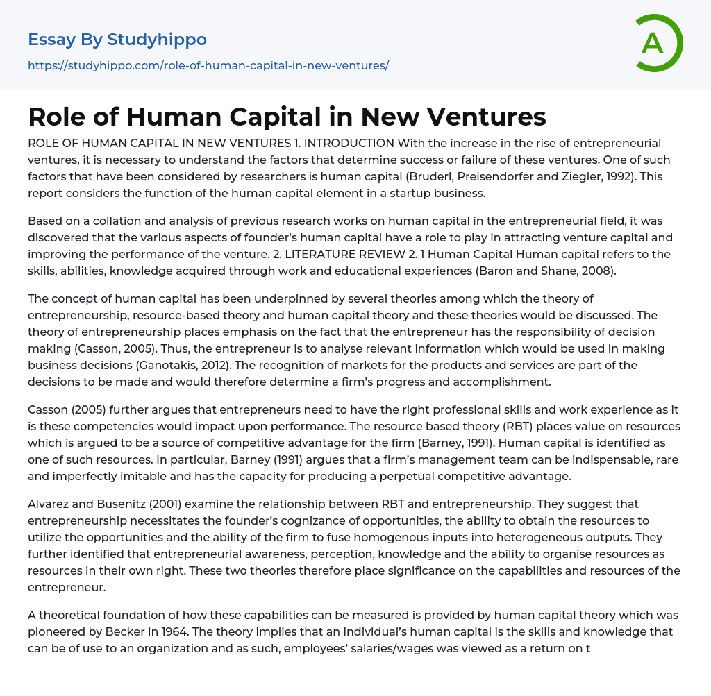 Role of Human Capital in New Ventures Essay Example