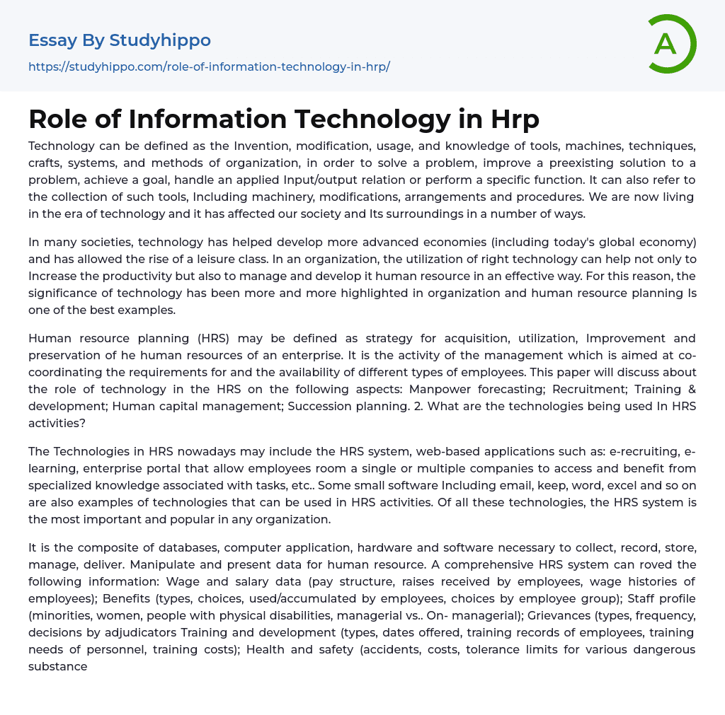 Role of Information Technology in Hrp Essay Example