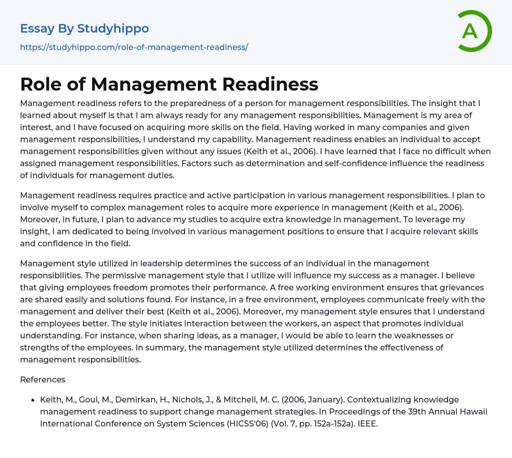 Role of Management Readiness Essay Example
