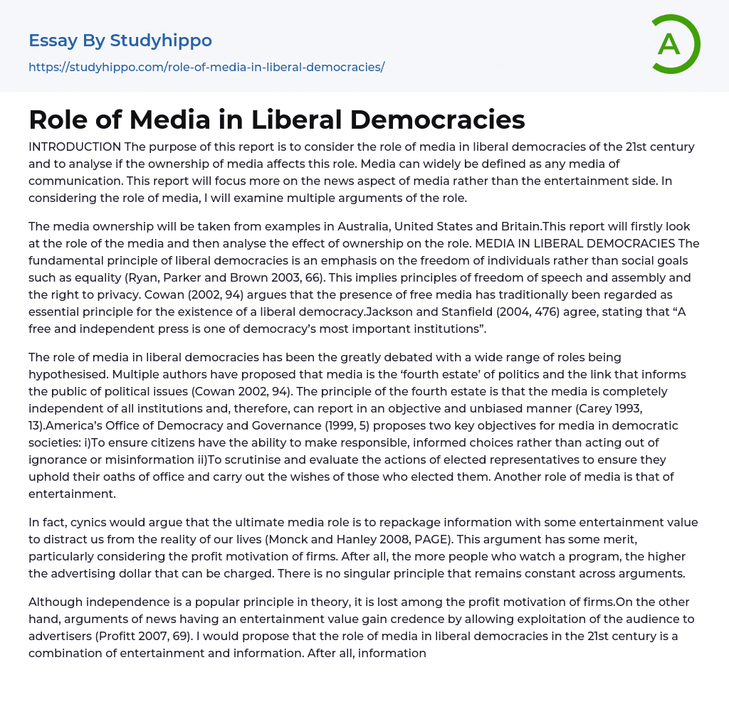 Role of Media in Liberal Democracies Essay Example