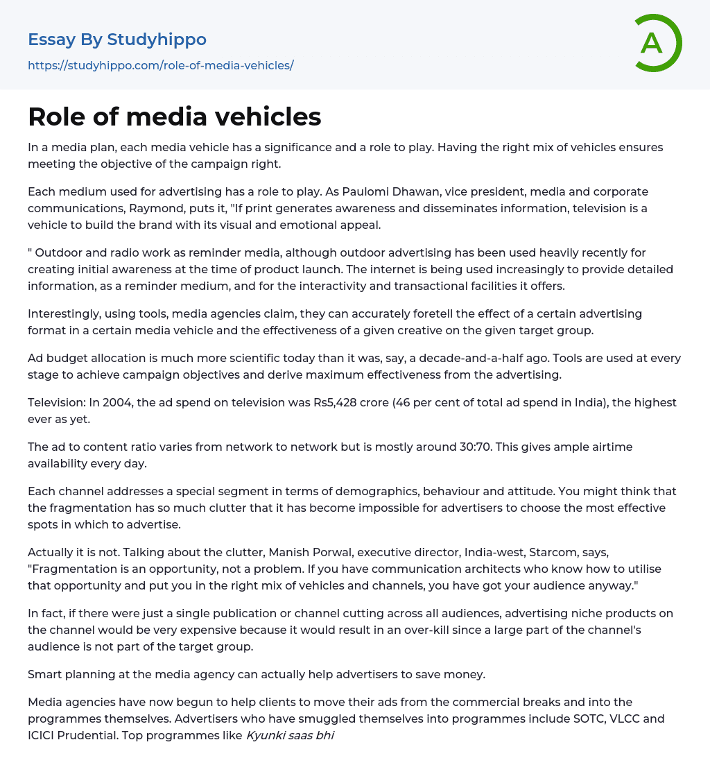 Role of media vehicles Essay Example