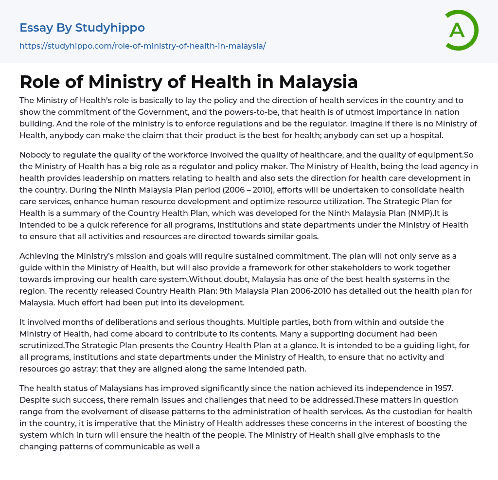 Role of Ministry of Health in Malaysia Essay Example