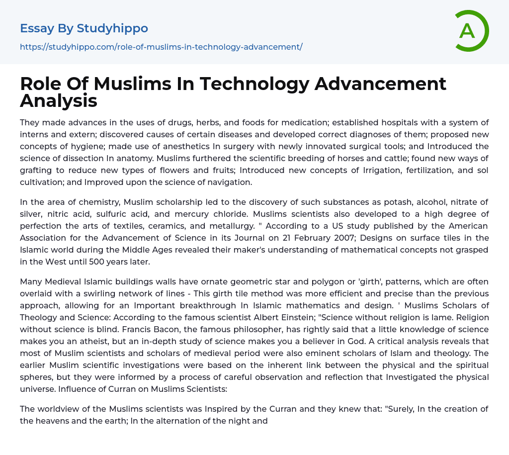 Role Of Muslims In Technology Advancement Analysis Essay Example
