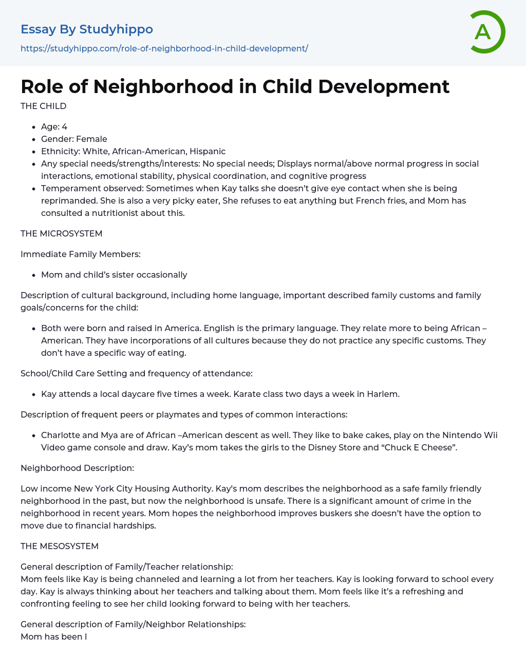 Role of Neighborhood in Child Development Essay Example