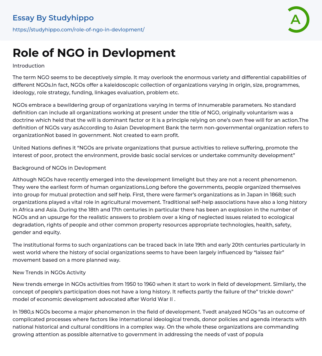 Role of NGO in Devlopment Essay Example