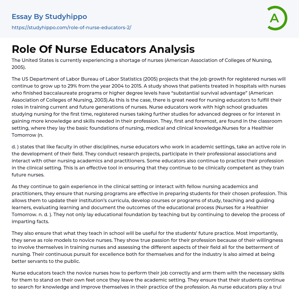 Role Of Nurse Educators Analysis Essay Example