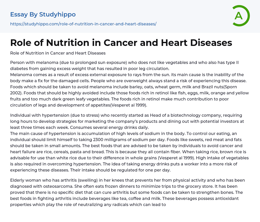 Role of Nutrition in Cancer and Heart Diseases Essay Example