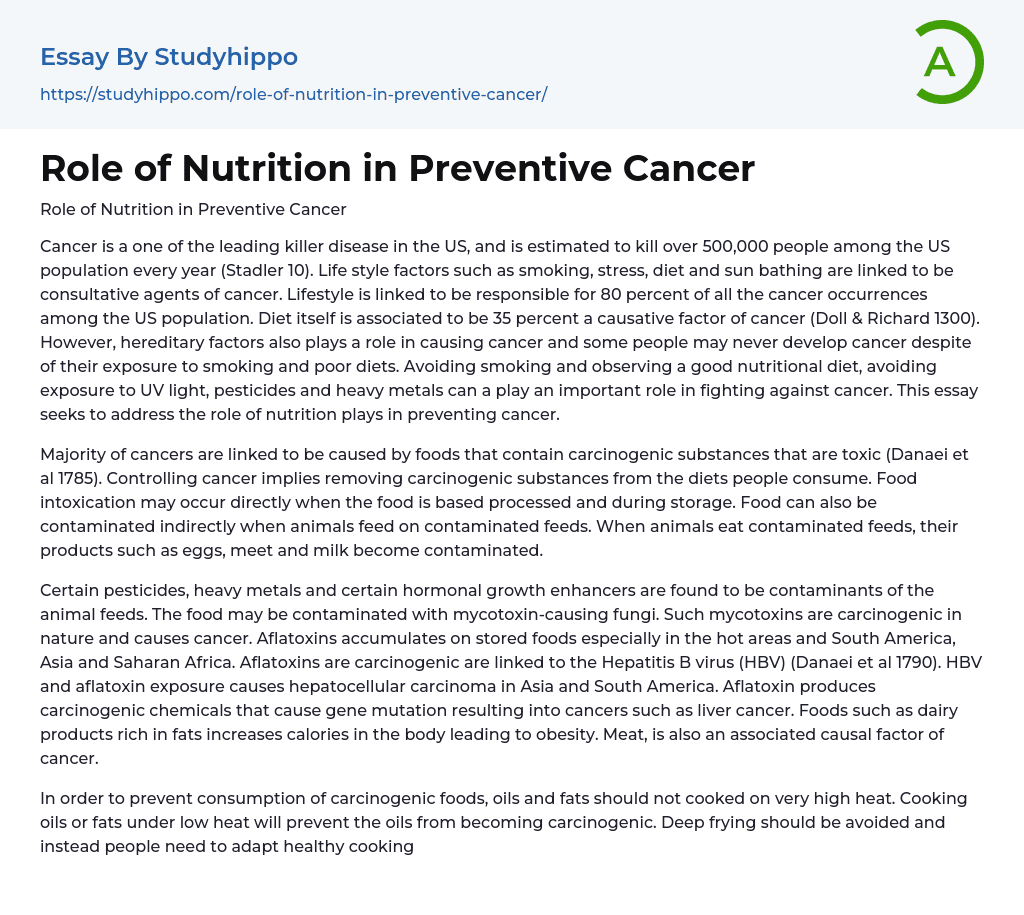 Role of Nutrition in Preventive Cancer Essay Example