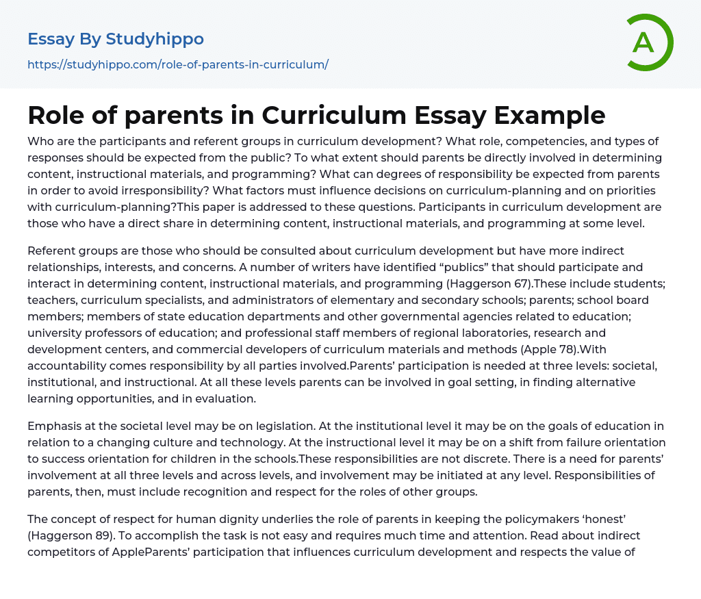 Role of parents in Curriculum Essay Example