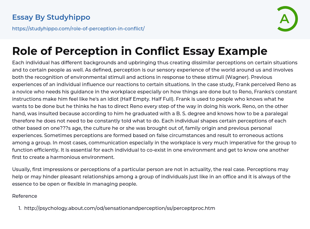 Role of Perception in Conflict Essay Example