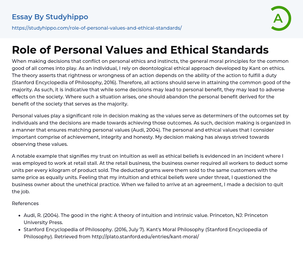 Role of Personal Values and Ethical Standards Essay Example