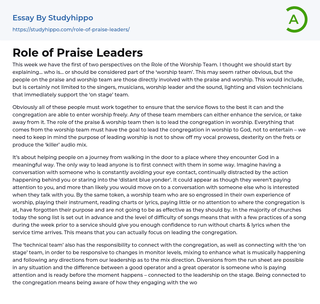 Role of Praise Leaders Essay Example