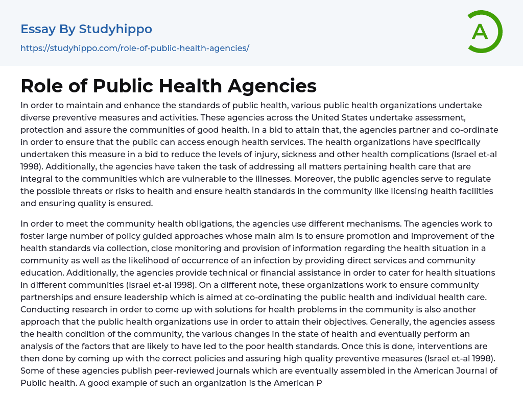 Role of Public Health Agencies Essay Example