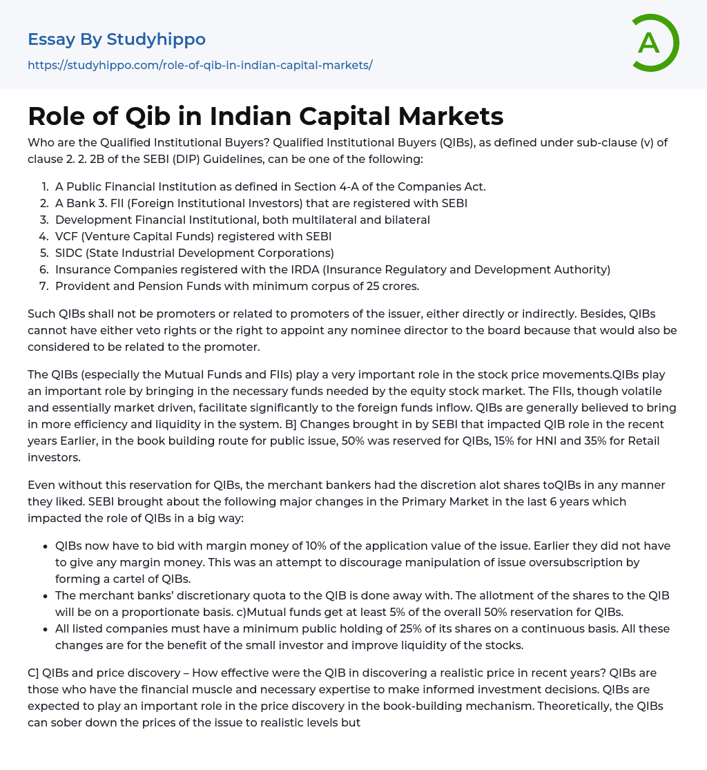 Role of Qib in Indian Capital Markets Essay Example
