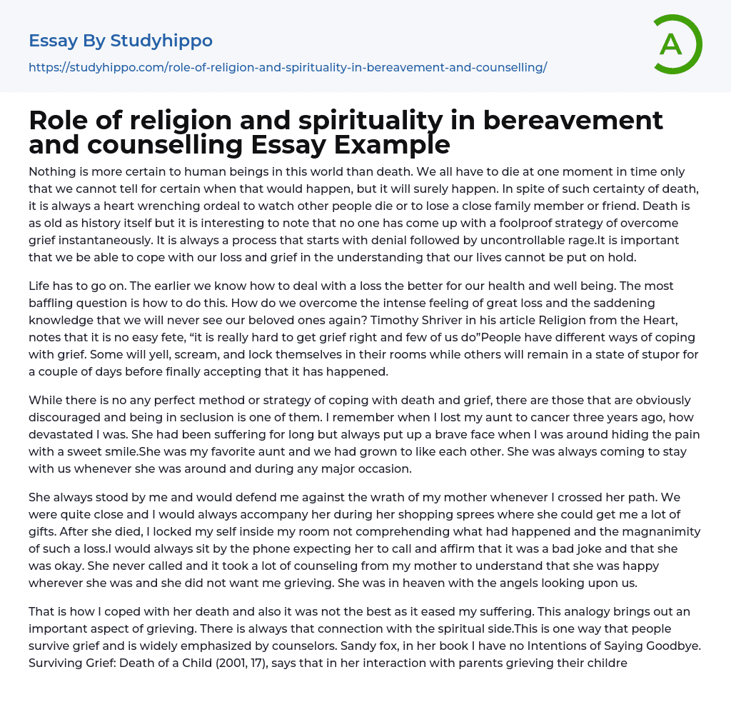 Role of religion and spirituality in bereavement and counselling Essay Example