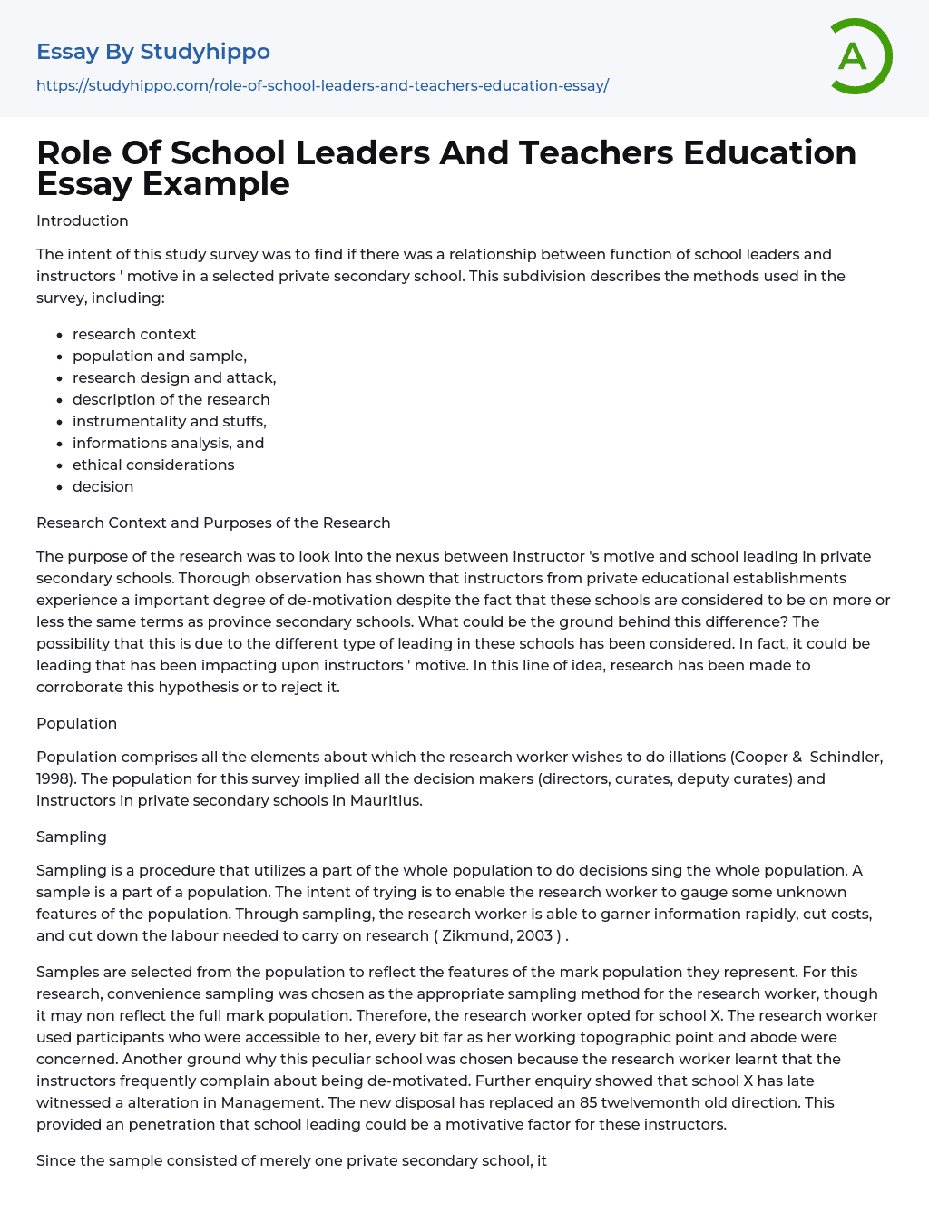 Role Of School Leaders And Teachers Education Essay Example